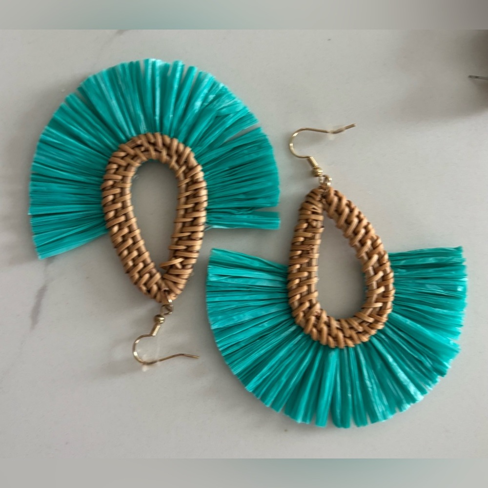 Turquoise Tan Woven Earrings Rattan Tassel Fringe Fan Y2K Boho Funky Straw